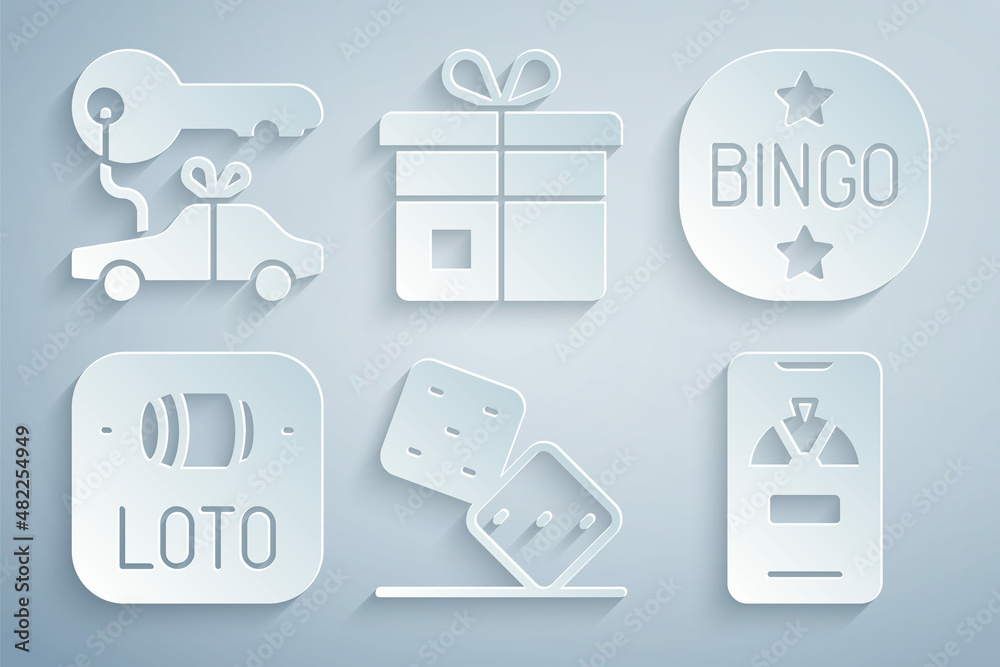 Set Game dice, Bingo, Lottery ticket, Lucky wheel on phone, Gift box and Car gift icon. Vector Set Game dice, Bingo, Lottery ticket, Lucky wheel on phone, Gift box and Car gift icon. Vector