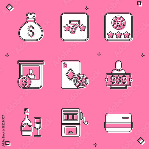 Set Money bag, Casino slot machine, Online poker table game, chips exchange, and playing cards, Winner holding prize ticket, Champagne bottle with glass and Slot icon. Vector