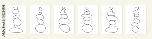 Balance stone simple line art vector Illustration. Modern minimalist abstract wall decor. Outline collection of zen rock balancing. Linear stones for calm spa design. Meditation pebble poster