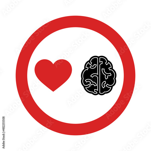 No overtaking traffic sign with heart and a brain icon, reason and sentiment creative concept, vector illustration