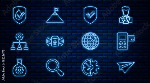 Set line Paper plane, Pos terminal, Shield with check mark, Voice assistant, Lead management, Waterproof, Globe flying and Mountains and flag icon. Vector
