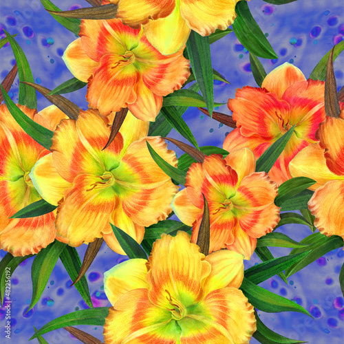 Fototapeta Naklejka Na Ścianę i Meble -  Flowers on a watercolor background. Yellow Daylily. Watercolor wallpaper with floral motifs. Seamless pattern floral watercolor. Watercolor flowers.