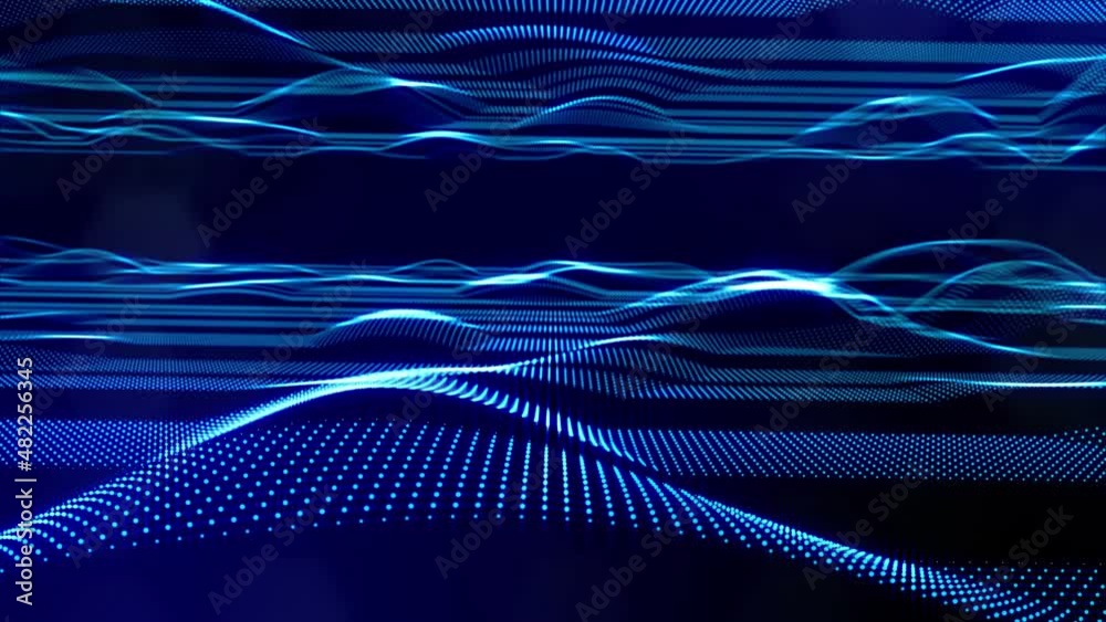 blue high tech bg with glow particles form complex stripe structure. 3d looped sci-fi bg digital space, particles form lines and surface waves. Concept of hi-tech information flow, blockchain. DOF blue high tech bg with glow particles form complex stripe structure. 3d looped sci-fi bg digital space, particles form lines and surface waves. Concept of hi-tech information flow, blockchain. DOF