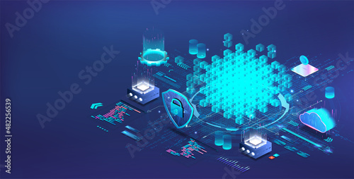 Financial technologies on the blockchain system for crypto currency. Isometric illustration mining cryptocurrency, fintech, network. Online blockchain service cryptocurrency mining. Vector isometric