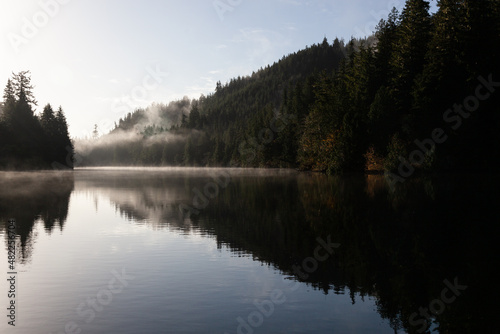 Kennedy River estuary on a misty morning, near Tofino, Clayoquot Sound, Vancouver Island, B.C., Canada.