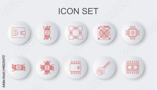 Set line Cryptocurrency bitcoin with circuit, Blockchain technology, key, wallet, CPU mining farm and icon. Vector