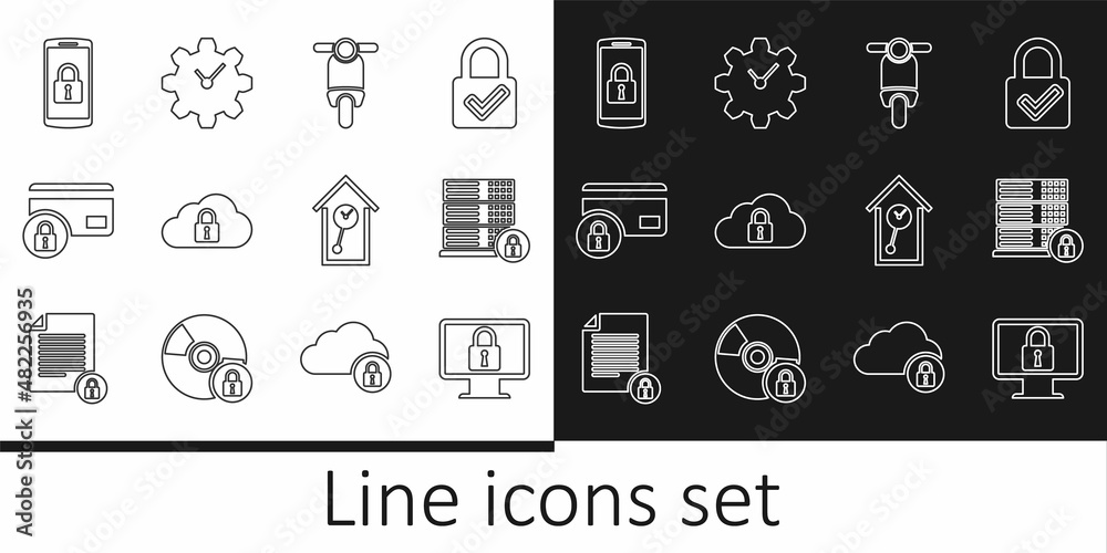Set line Lock on monitor, Server security with lock, Scooter, Cloud computing, Credit card, Smartphone, Retro wall watch and Time Management icon. Vector