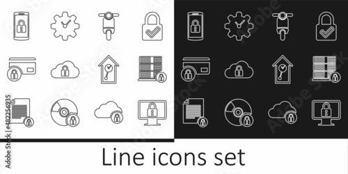 Set line Lock on monitor, Server security with lock, Scooter, Cloud computing, Credit card, Smartphone, Retro wall watch and Time Management icon. Vector