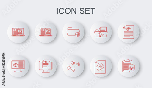 Set line Clinical record pet, on monitor, Medical veterinary folder, certificate for dog cat, laptop, and Paw print icon. Vector