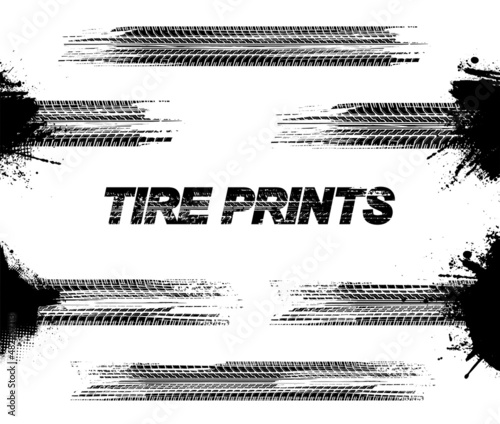 Dirty footprints treads motorcycling and motorsport concept. Drag racing, drift, motocross, off-road, a bike and other. Detailed tire tread texture, wheel mark in dirty grunge style. Vector texture 