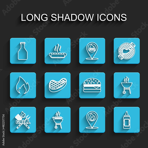 Set line Crossed fork and spatula, Barbecue grilled shish kebab, Ketchup bottle, Location with fire flame, Mustard, Steak meat, and Burger icon. Vector
