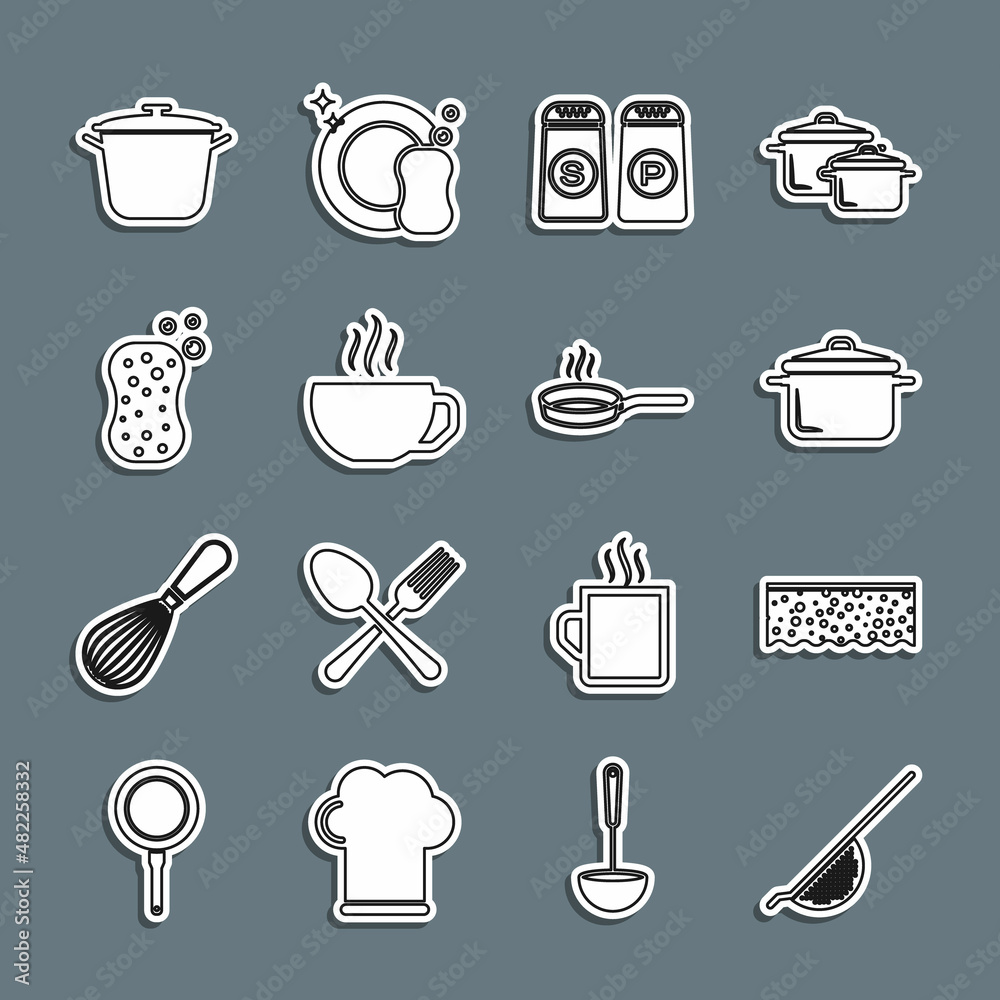 Set line Kitchen colander, Sponge with bubbles, Cooking pot, Salt pepper, Coffee cup, and Frying pan icon. Vector Set line Kitchen colander, Sponge with bubbles, Cooking pot, Salt pepper, Coffee cup, and Frying pan icon. Vector