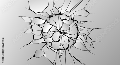 Circular damage to concrete or other surface, an impact mark that deformed and broke the wall. The round trace of destruction is suitable for the background. Broken wall with cracks. Vector 