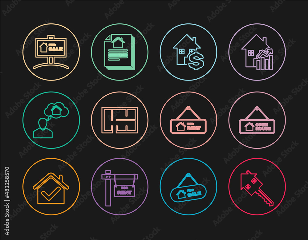 Set line House with key, Hanging sign Open house, dollar, plan, Man dreaming about buying, For Sale, Rent and contract icon. Vector