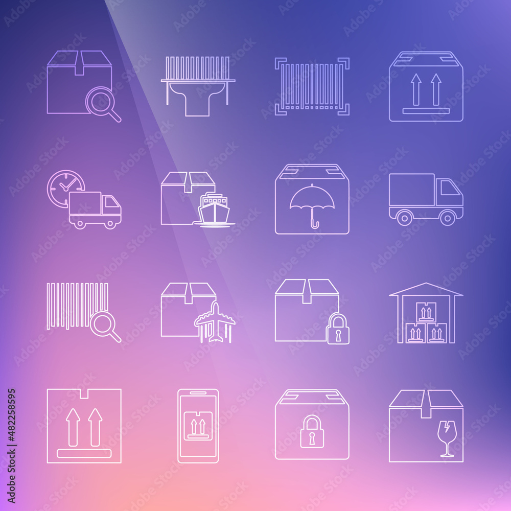 Set line Delivery box with fragile content, Warehouse, cargo truck vehicle, Barcode, Cargo ship boxes, and clock, Search package and umbrella icon. Vector Set line Delivery box with fragile content, Warehouse, cargo truck vehicle, Barcode, Cargo ship boxes, and clock, Search package and umbrella icon. Vector