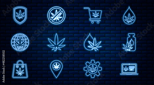 Set line Online buying marijuana, Marijuana or cannabis leaf oil, Shopping cart with, Legalize, Shield and, and Stop icon. Vector
