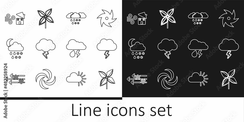 Set line Pinwheel, Storm, Cloud with snow and rain, snow, moon, Tornado swirl, lightning and icon. Vector
