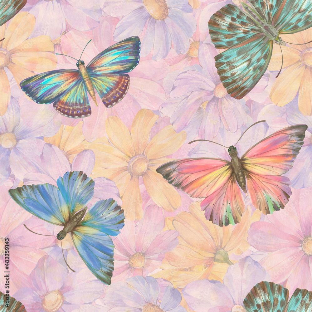 Delicate flowers are painted with watercolors, digitally processed. Seamless ornament for wallpaper, print, wrapping paper, design, print. Botanical pattern of colorful flowers.