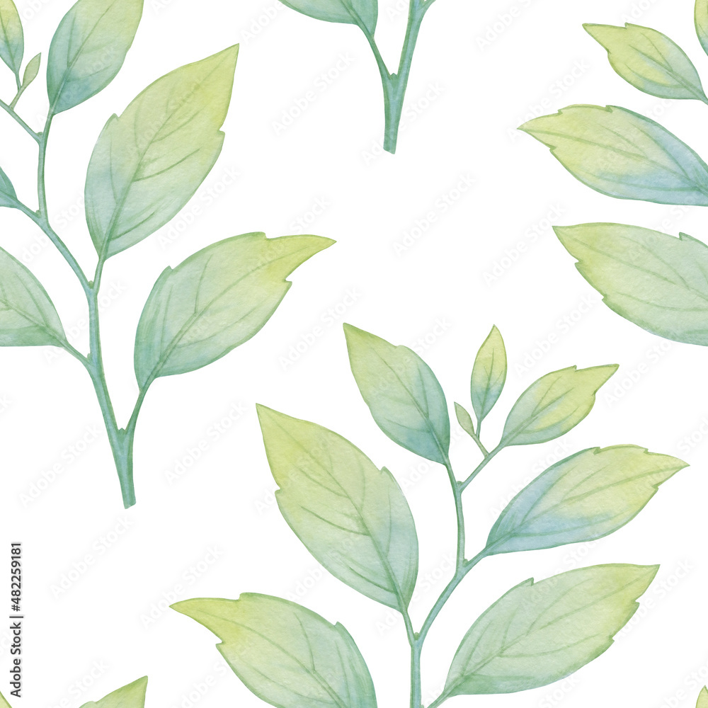 Abstract branch prints with leaves blend repeat seamless pattern. Digital hand drawn picture with watercolor texture. Mixed media art. endless motif for textile decor and design and scrapbooking