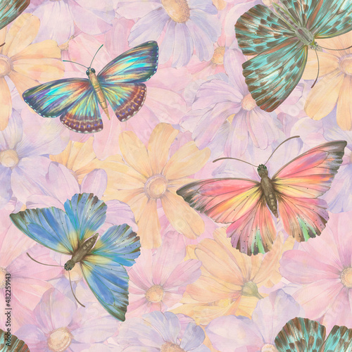 Delicate flowers are painted with watercolors  digitally processed. Seamless ornament for wallpaper  print  wrapping paper  design  print. Botanical pattern of colorful flowers.