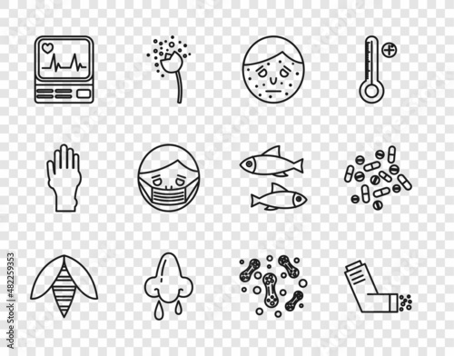 Set line Bee, Inhaler, Face with psoriasis or eczema, Runny nose, Monitor cardiogram, in protective mask, Bacteria and Medicine pill tablet icon. Vector
