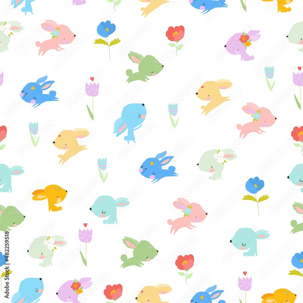 Seamless Pattern with Colorful Rabbits on White Background