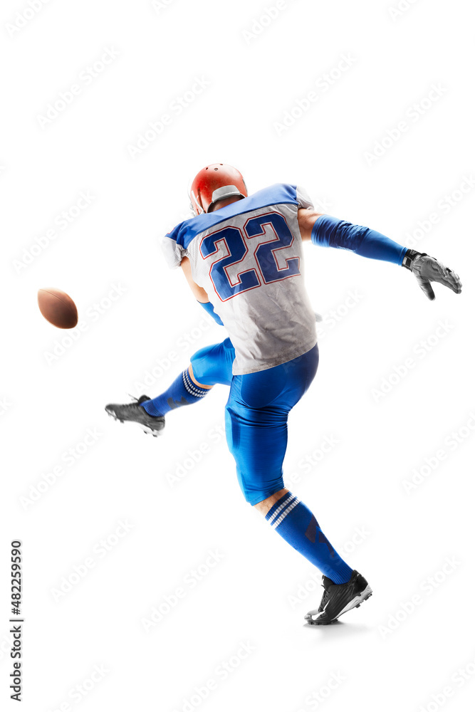 Field goal. American football sportsman in action and motion. hitting the ball. Isolated on white background. Sport