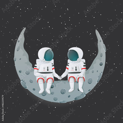 Couple of astronauts sitting on a crescent moon holding hands. Love, romance, relationship, friendship. Cartoon illustration. Sign, poster, badge, sticker design. Vector.