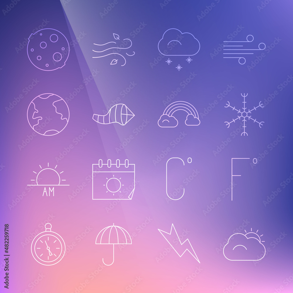 Set line Sun and cloud, Fahrenheit, Snowflake, Cloud with snow, Cone meteorology windsock wind vane, Earth globe, Moon and Rainbow clouds icon. Vector Set line Sun and cloud, Fahrenheit, Snowflake, Cloud with snow, Cone meteorology windsock wind vane, Earth globe, Moon and Rainbow clouds icon. Vector