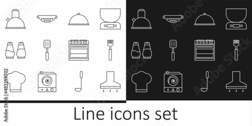 Set line Kitchen extractor fan, Fork, Covered with tray, Spatula, Salt and pepper, Kettle handle, Oven and colander icon. Vector