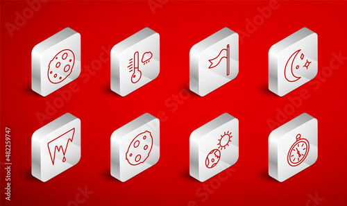 Set line Compass, Meteorology thermometer, windsock wind vane, Moon and stars, Earth globe sun, and Icicle icon. Vector