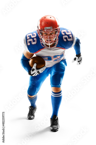 Sport. American football sportsman in action and motion. Isolated on white background. Sports emotions