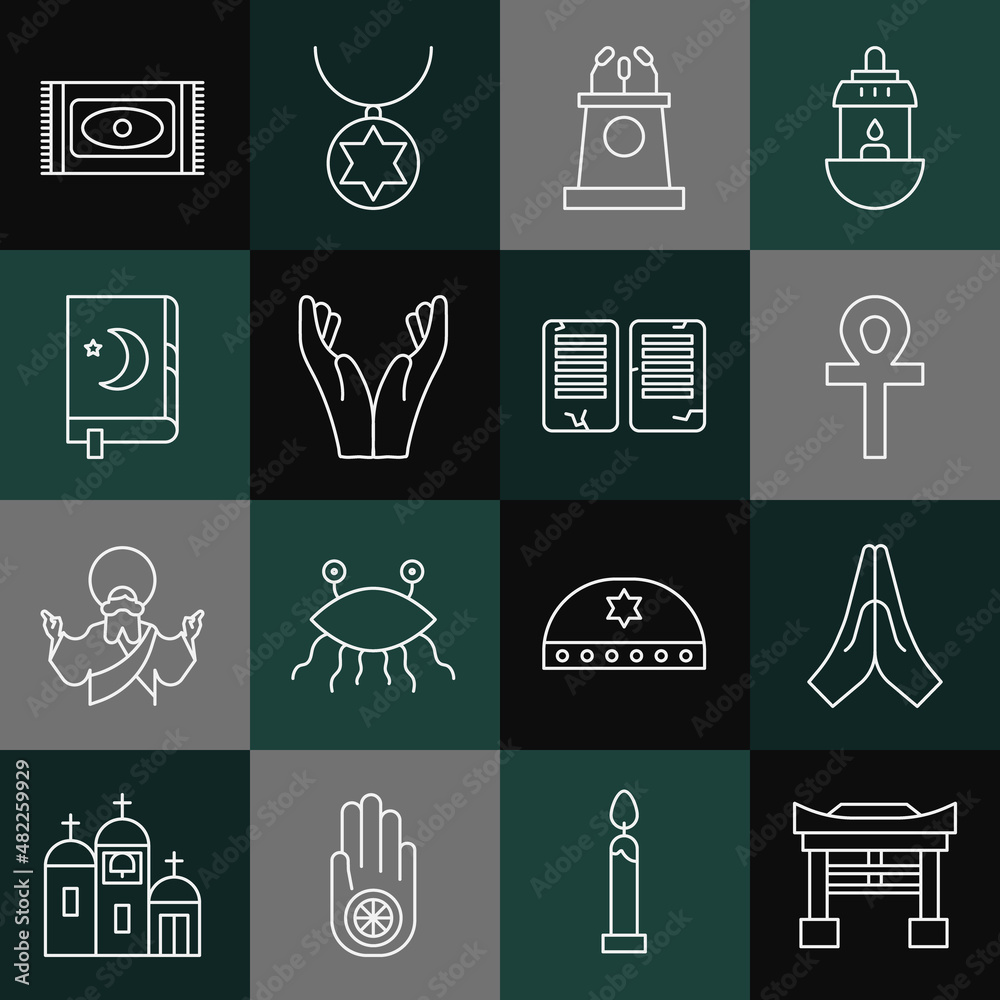 Set line Japan Gate, Hands in praying position, Cross ankh, Stage stand or tribune, Holy book of Koran, Traditional carpet and The commandments icon. Vector Set line Japan Gate, Hands in praying position, Cross ankh, Stage stand or tribune, Holy book of Koran, Traditional carpet and The commandments icon. Vector