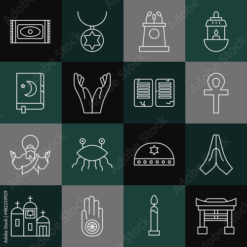 Set line Japan Gate, Hands in praying position, Cross ankh, Stage stand or tribune, Holy book of Koran, Traditional carpet and The commandments icon. Vector