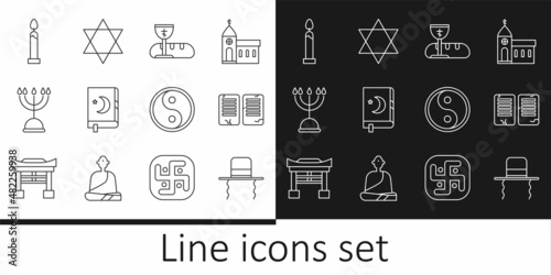 Set line Orthodox jewish hat with sidelocks, The commandments, First communion symbols, Holy book of Koran, Hanukkah menorah, Burning candle, Yin Yang and Star David icon. Vector