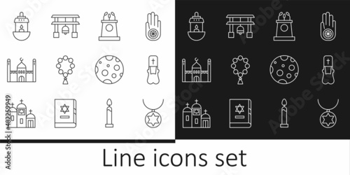 Set line Star of David necklace on chain, Priest, Stage stand or tribune, Rosary beads religion, Muslim Mosque, Ramadan Kareem lantern, Moon and Japan Gate icon. Vector