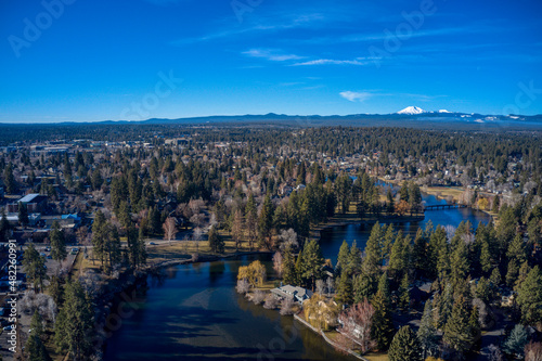 Aerial view of Drake Park, Mount Bachelor and Mirror Pond on the Deschutes River in Bend, Oregon.