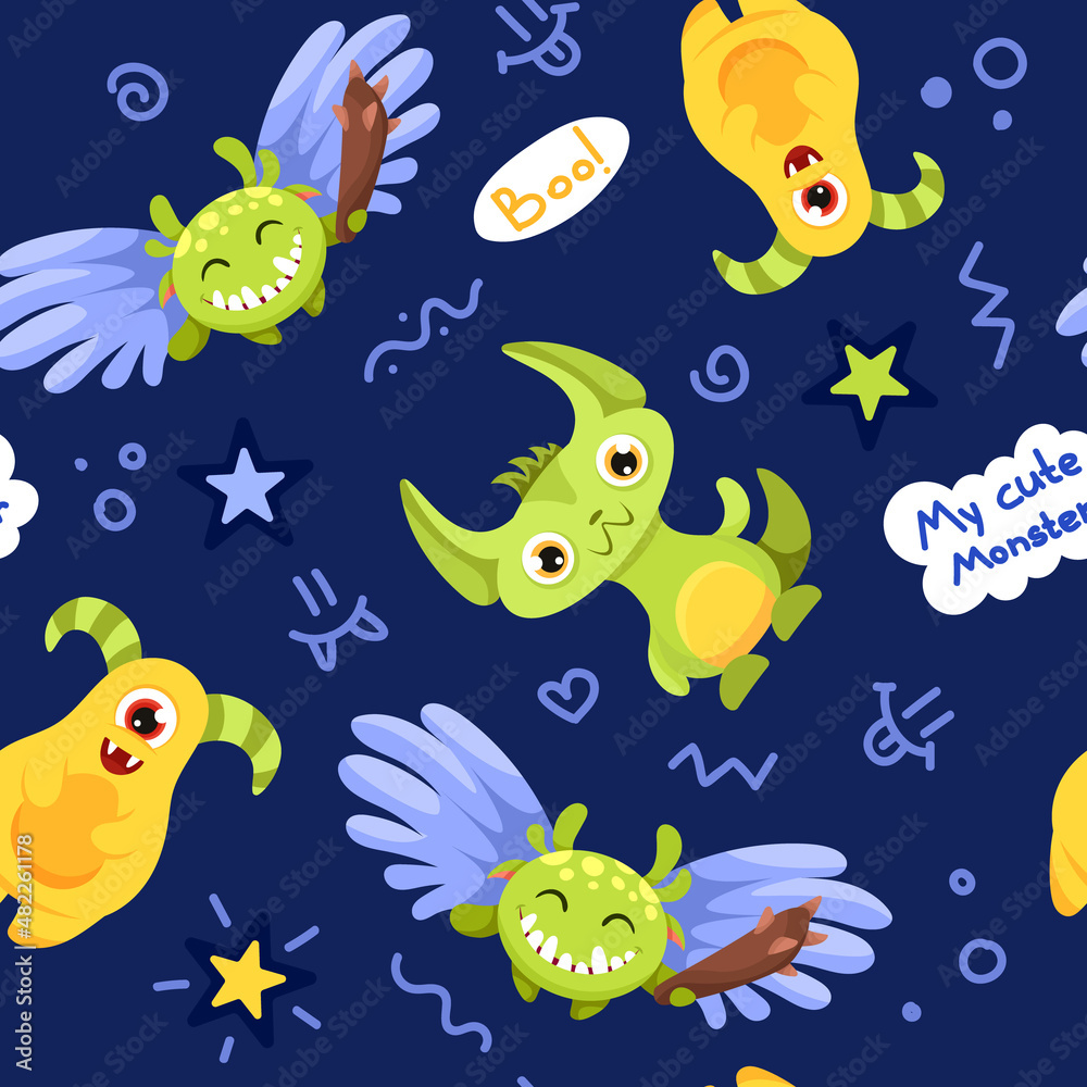 Seamless pattern with cute childish monsters. Can be used for kids textile print, fabric, nursery decoration and wrapping paper. Vector cartoon background