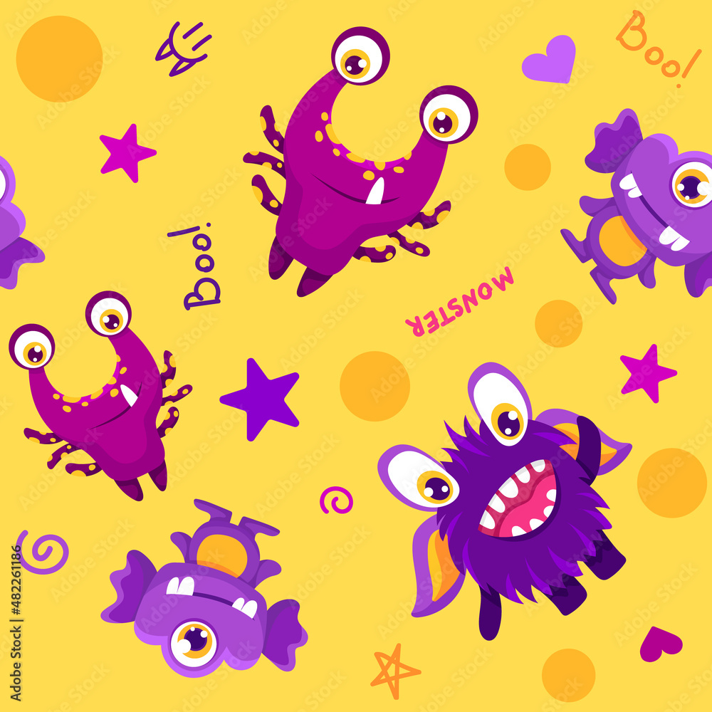 Seamless pattern with cute childish monsters. Can be used for kids textile print, fabric, nursery decoration and wrapping paper. Vector cartoon background