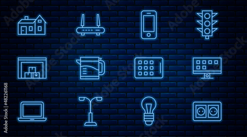 Set line Electrical outlet, Smart Tv, Smartphone, kettle, Warehouse, House, Graphic tablet and Router and wi-fi signal icon. Vector