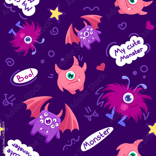 Cartoon seamless pattern with Cute Monsters for childen backgrounds, fabrics, textile graphics, prints. Flat Vector illustration