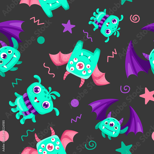 Seamless pattern with cute childish monsters. Can be used for kids textile print, fabric, nursery decoration and wrapping paper. Vector cartoon background