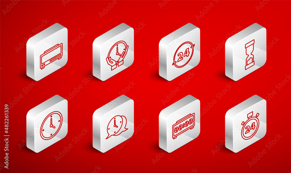 Set line Stopwatch 24 hours, Clock, Old hourglass, Digital alarm clock, speech bubble and icon. Vector Set line Stopwatch 24 hours, Clock, Old hourglass, Digital alarm clock, speech bubble and icon. Vector