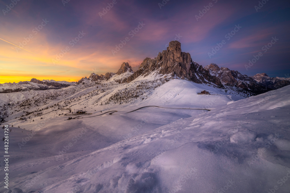 Ra Gusela peak in front of mount Averau and Nuvolau, in Passo Giau, high alpine pass near Cortina d'Ampezzo, Dolomites, Italy