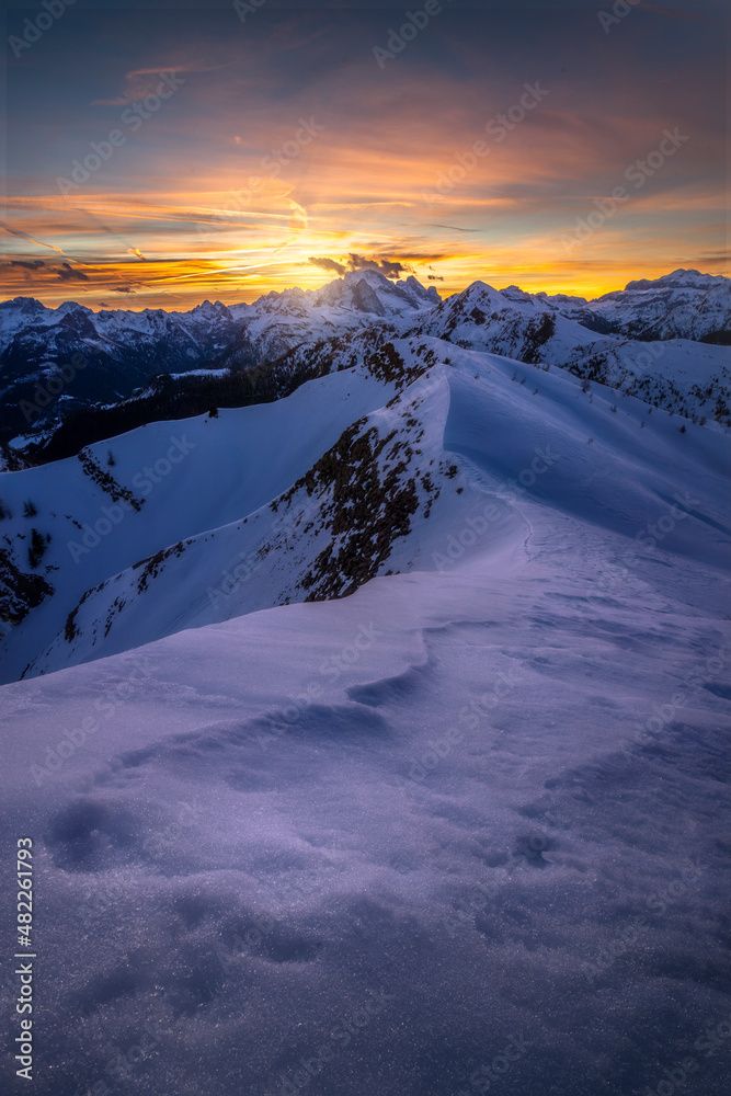 Sunset behind Mount Marmolada as seen from Passo Giau, in Cortina d'Ampezzo in the italian dolomites