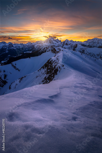 Sunset behind Mount Marmolada as seen from Passo Giau, in Cortina d'Ampezzo in the italian dolomites © Giulio