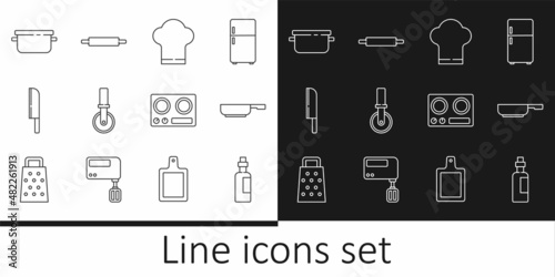 Set line Bottle of olive oil, Frying pan, Chef hat, Pizza knife, Knife, Cooking pot, Gas stove and Rolling pin icon. Vector