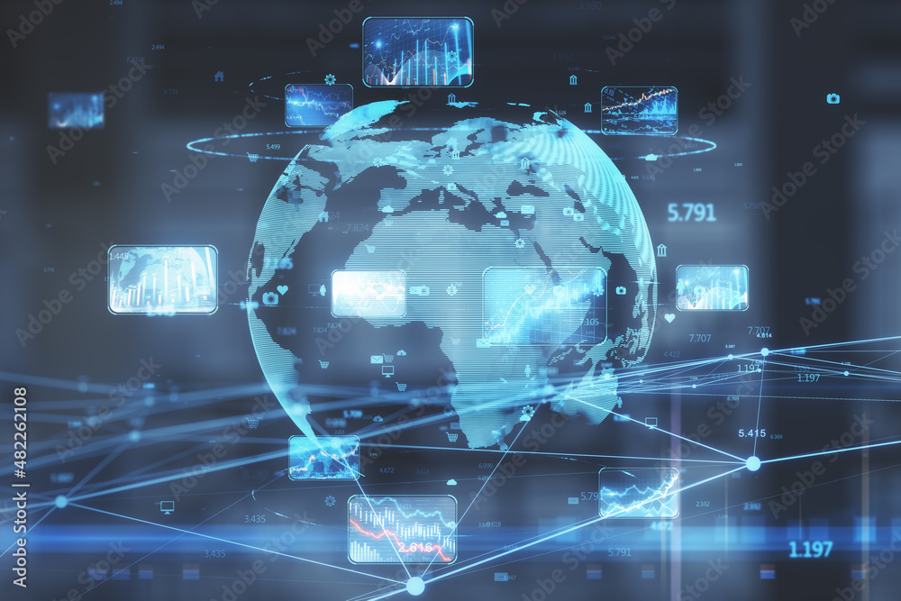 Creative glowing globe hologram with forex charts and graphs on blurry background. Trade, big data, stock, global business and finance concept. Double exposure. Creative glowing globe hologram with forex charts and graphs on blurry background. Trade, big data, stock, global business and finance concept. Double exposure.