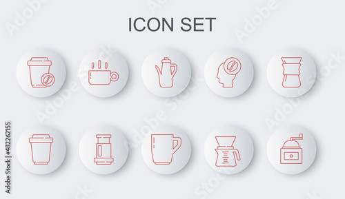 Set line Manual coffee grinder, Coffee cup to go, Teapot, Pour over maker, Aeropress and icon. Vector