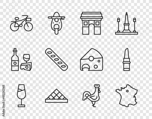 Set line Wine glass, Map of France, Triumphal Arch, Louvre museum, Bicycle, French baguette bread, rooster and Lipstick icon. Vector